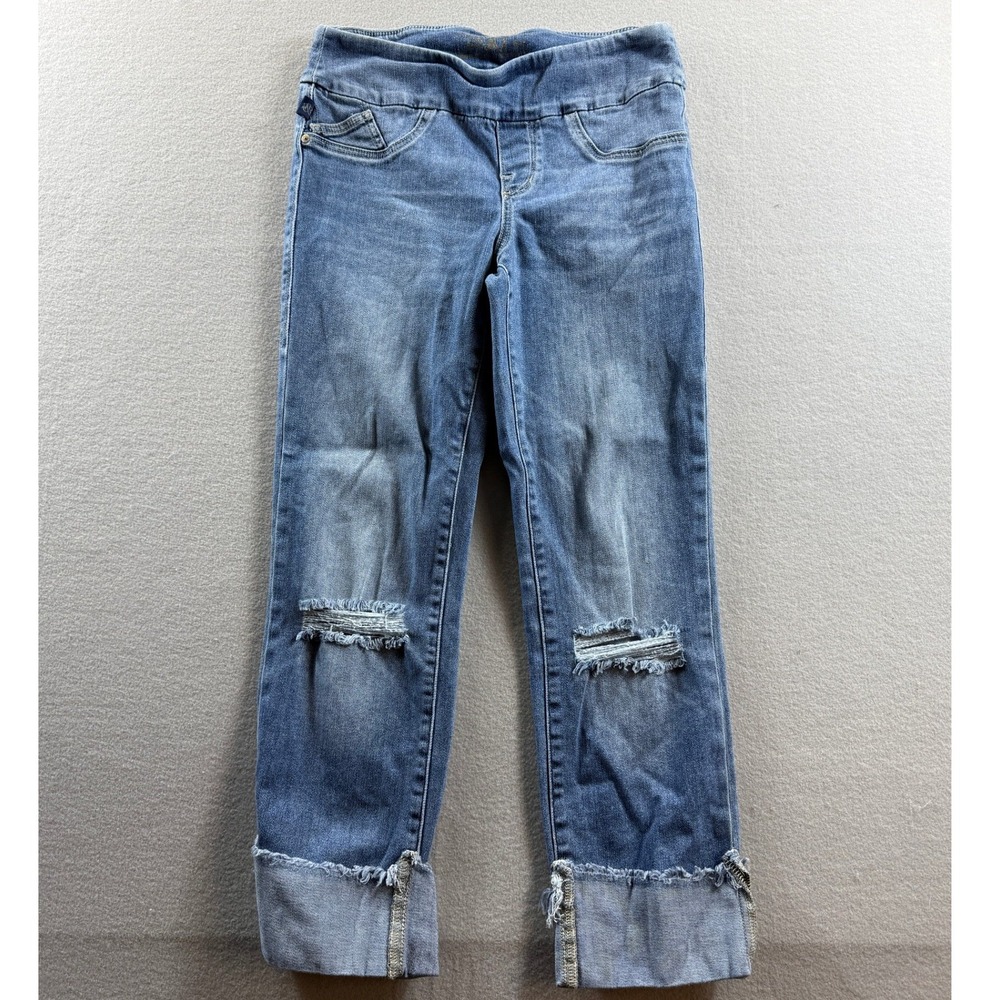 Rock & Republic Fever Pull On Jeans Women 8S Blue Distressed Raw Hem 28x24